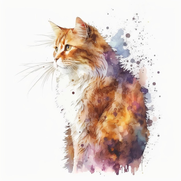 Sitting cat drawing paints white background Generative AI