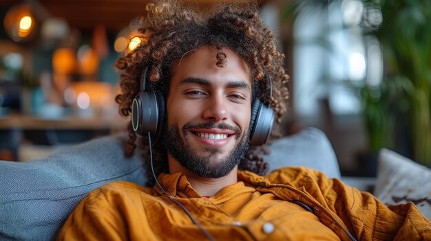 Photo sitting on a couch a smiling arabic man is listening to music on his mobile phone the man is wearing wireless headphones while he listens to playlists of his favorite songs