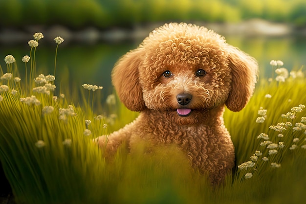 Sitting cute little poodles in grass on blurry background