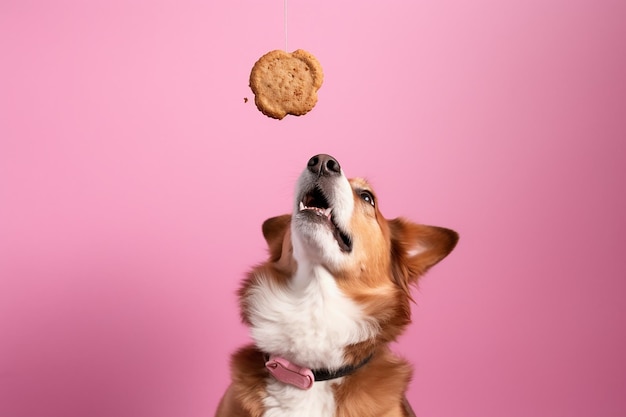 A sitting dog and a cookie on a string above its muzzle in the air on a pink background