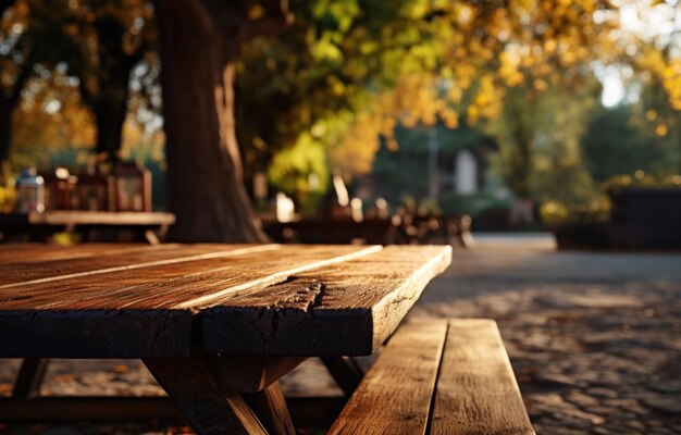 Foto seduto su un tavolo di legno vuoto in un parco