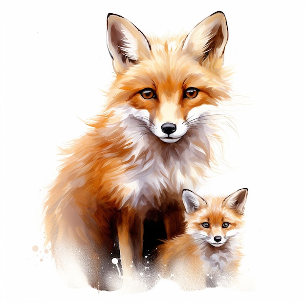 Sitting fox smile drawing paints white background