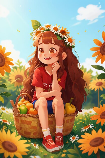 Sitting on grass with flowers beautiful girl picking mushrooms wallpaper background illustration