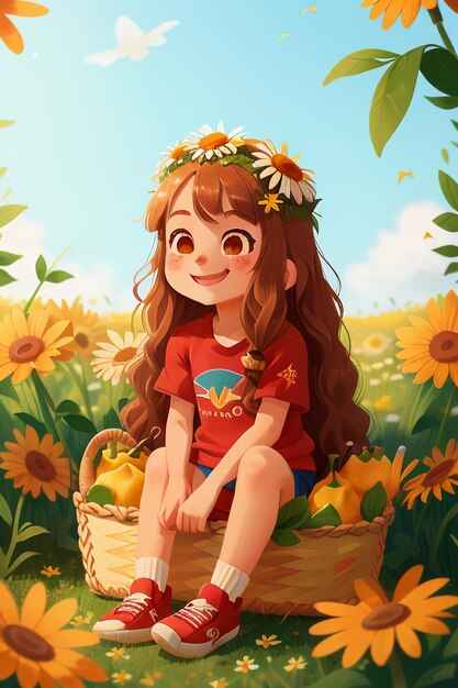 Sitting on grass with flowers beautiful girl picking mushrooms wallpaper background illustration