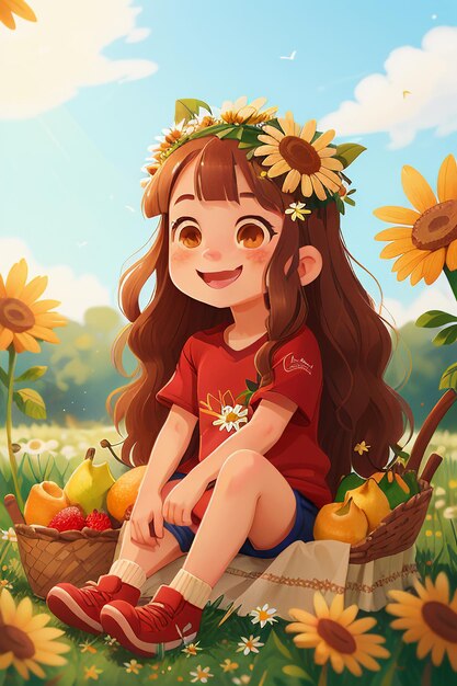꽃과 잔디에 앉아 아름 다운 소녀 따기 버섯 바탕 화면 배경 그림