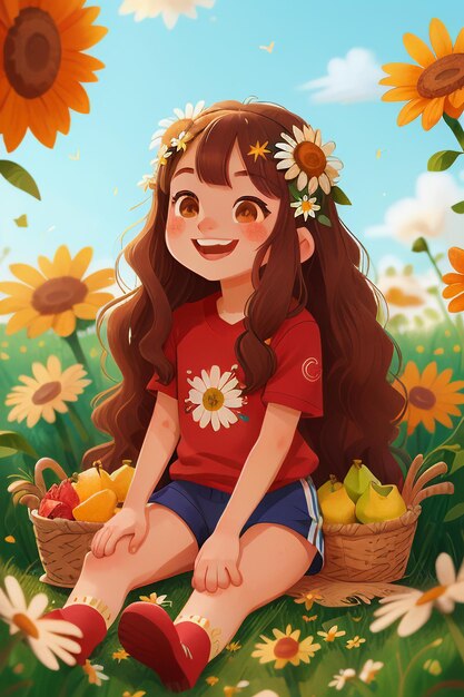 Sitting on grass with flowers beautiful girl picking mushrooms wallpaper background illustration
