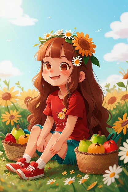 Sitting on grass with flowers beautiful girl picking mushrooms wallpaper background illustration