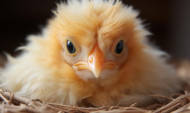 Photo sitting hatched chick on a blurred background selective soft focus