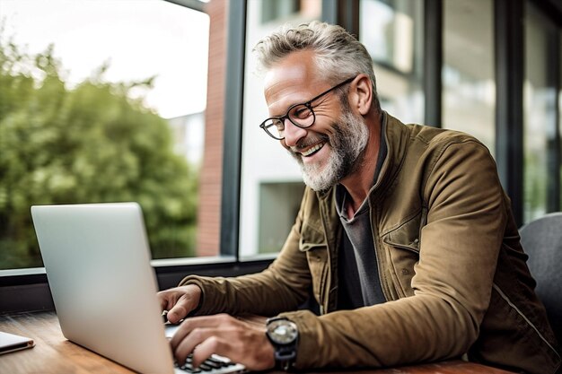 Sitting man computer lifestyle technology businessman internet office laptop business caucasian Generative AI