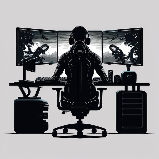 A sitting man's esports gamer staring on multi monitor screen