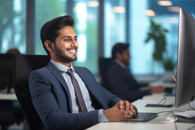 Photo sitting modern businessman person happy males caucasian office technology laptop indian men one smile