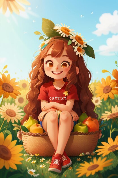 Фото Сидя на траве с цветами красивая девушка собирает грибы обои фоновая иллюстрация