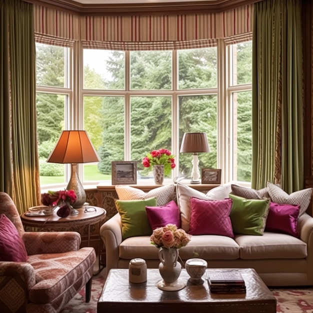 英国のカントリーハウスとエレガントなコテージスタイルの大きな窓とピンクの室内装飾アクセントを備えた居間装飾のインテリアデザインと住宅改善のリビングルームの生成AI