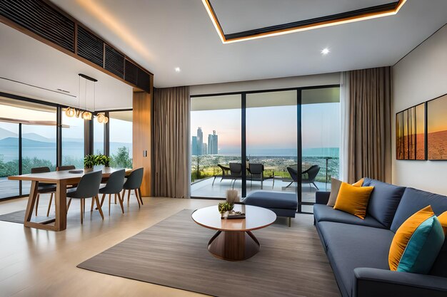 Sitting room with large windows overlooking the city