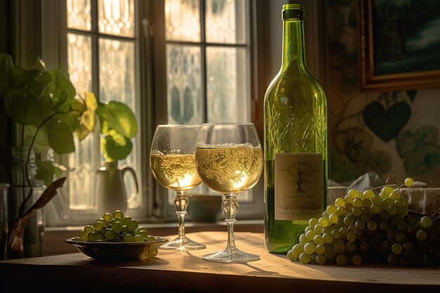 테이블에는 와인 한 병과 와인 두 잔이 놓여 있었다
