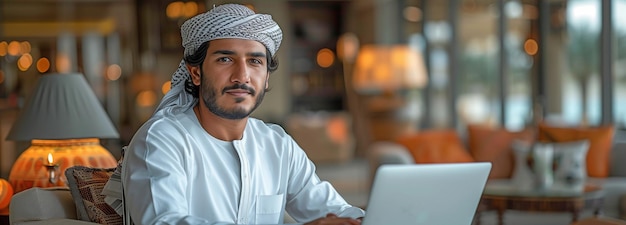 Sitting in a wheelchair at home a young Arab man uses a laptop