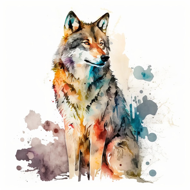 Сидящий волк рисует акварелью Генеративный AI