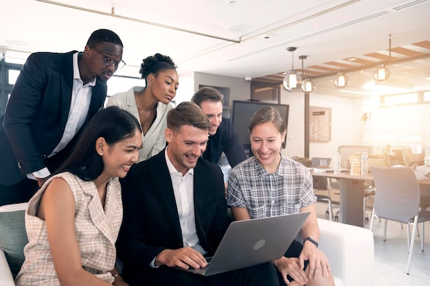 six business people working together