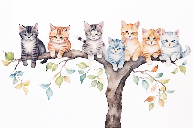 Six cats on a tree watercolor