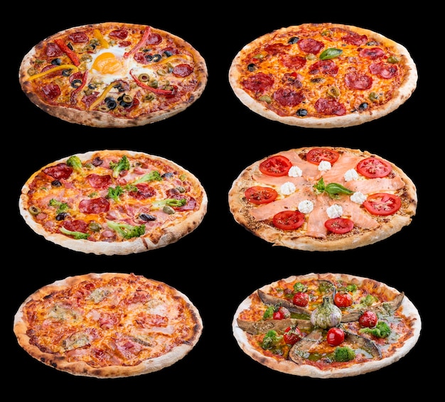 Six different pizzas in one set isolated on black