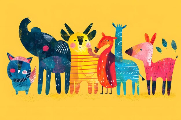 Photo six friendly animals stand together on a yellow background