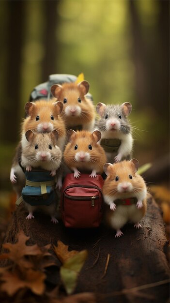 six hamsters are sitting on top of a backpack