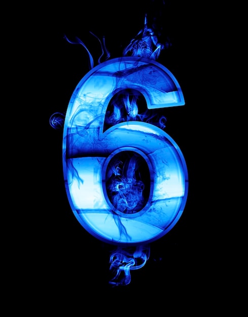 six, illustration of  number with chrome effects and blue fire on black background