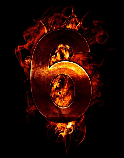 six, illustration of  number with chrome effects and red fire on black background