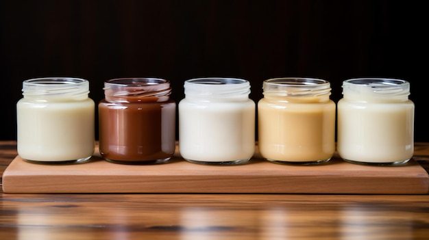 Six jars of different types of creams on a wooden