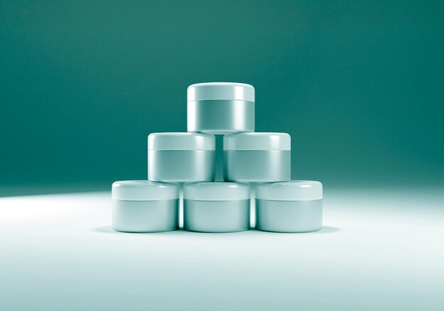 Photo six jars of women's cream stand in the shape of a pyramid. 3d render of jars for beauty cream