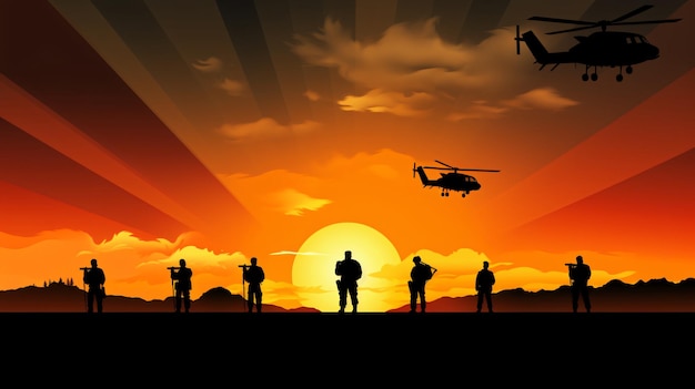 Six military silhouettes on sunset sky background