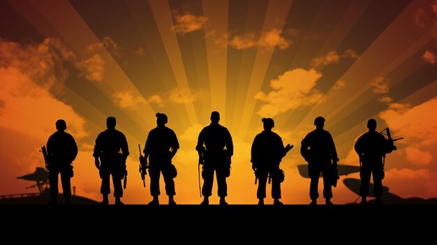 Six military silhouettes on sunset sky background