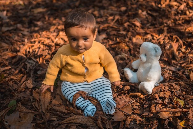 Six month old baby sitting in the leaves of the trees with a white teddy bear in the park on an autumn sunset