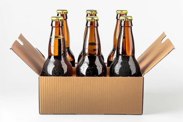 Photo six pack of beer bottles in a cardboard carton with isolated on white background