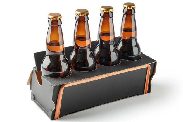 Six pack of Brown Beer Bottles in Carrier on White Background