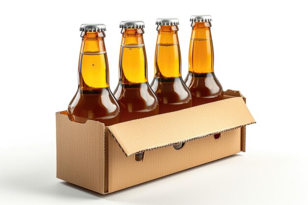 Six pack of glass bottled beer in cardboard carrier on white background