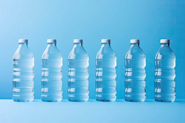 Шесть пластиковых бутылок с водой подряд на синем фоне. Крупный план бутылок с минеральной водой.