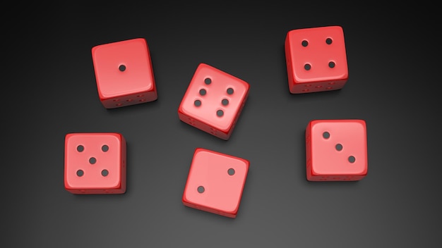 Six red dices with one to six numbers isolated on black background