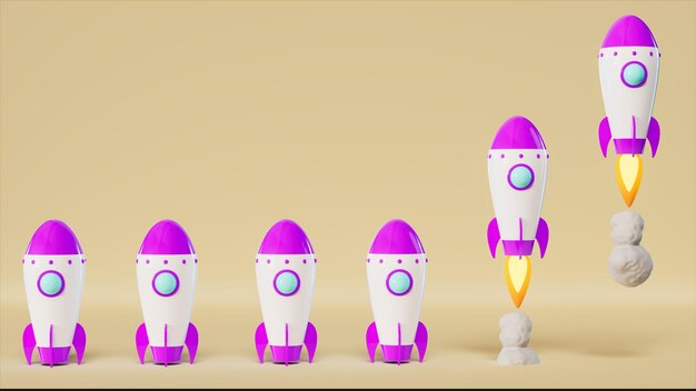 離陸するための6つのロケットが宇宙のリーダーシップテーマの3Dイラストに飛び込む