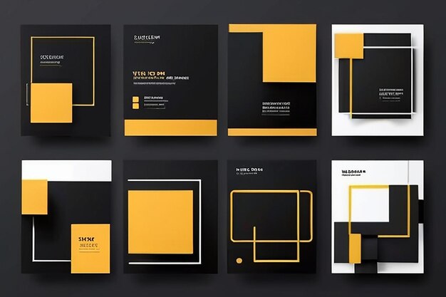 Six set editable minimal square banner template Black yellow background color geometric square line shape