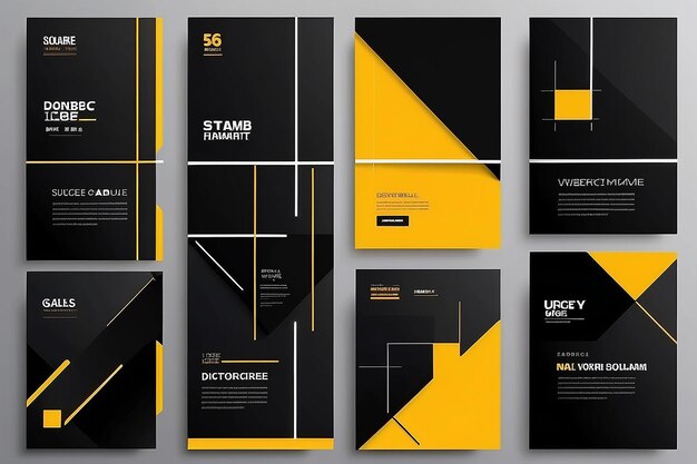 Six set editable minimal square banner template Black yellow background color geometric square line shape