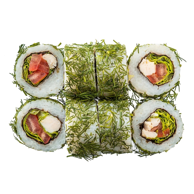 Six of sushi roll on the white background closeup of delicious japanese food with sushi roll