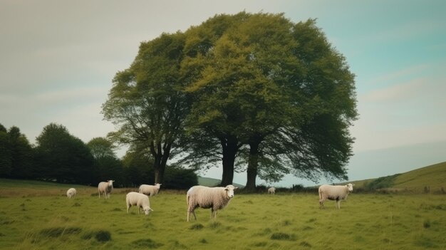 Six trees standing tall behind the small white sheeps AI generated