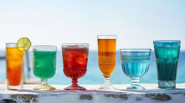 Photo six vibrant drinks against a serene seaside sky