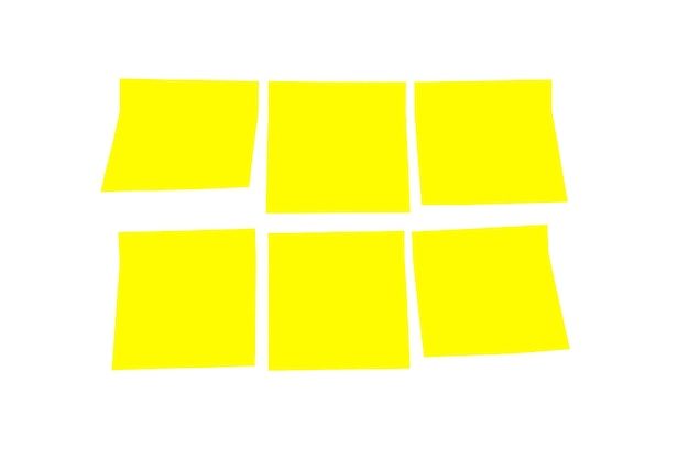 Six yellow sheets for notes on a white wall