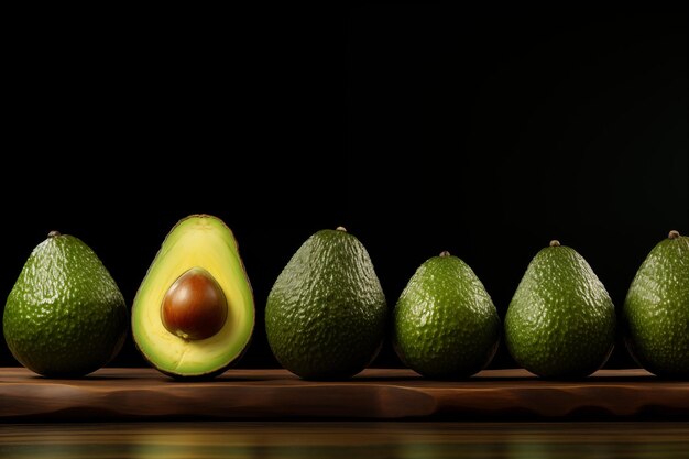Photo sixripe avocados on wooden shelf