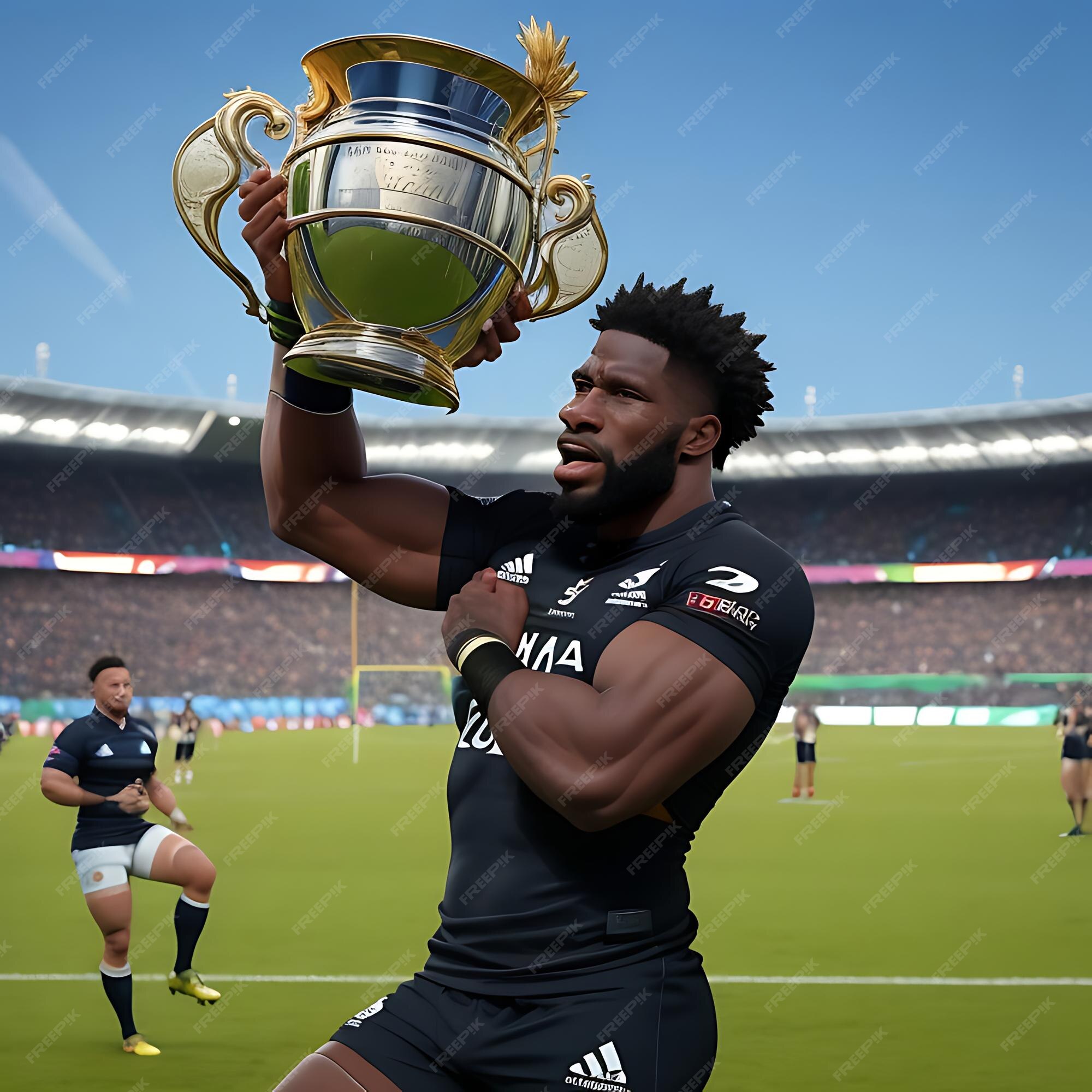 Premium AI Image | Siya Kolisi holding up the rugby World Cup in a