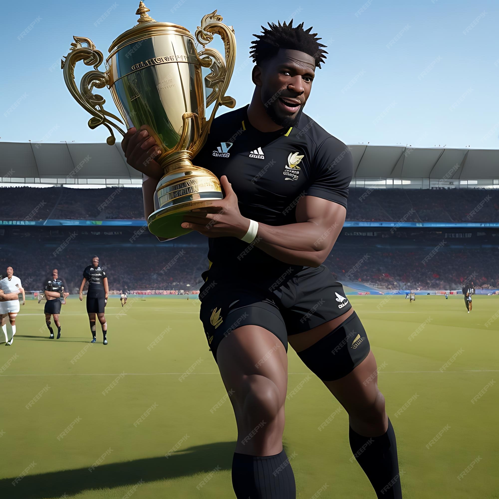 Premium AI Image | Siya Kolisi holding up the rugby World Cup in a