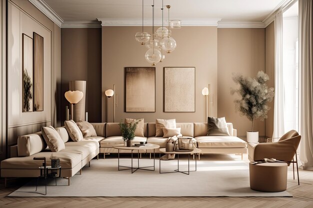 A sizable living area with armchairs a sectional sofa and cushions Beige and white interior design hues are very on trend for 2022 Mockup of an empty wall Stylish modern luxury