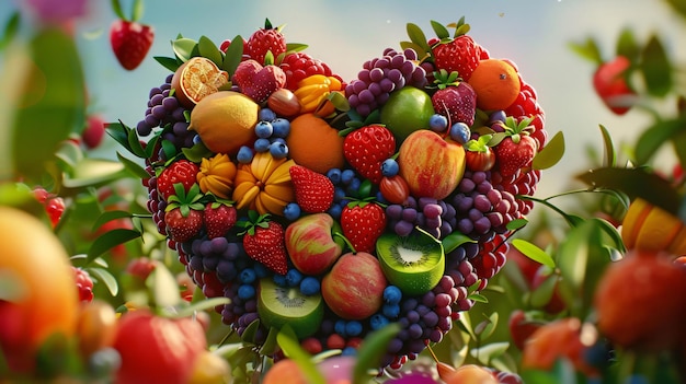 A sizable love shape adorned with an array of fruits